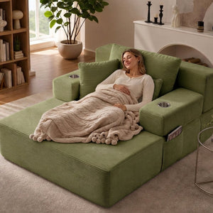 English Elm Luxurious Corduroy Convertible Chaise Lounge Sofa Bed with Storage Pocket for Small Spaces Green W5385P513917