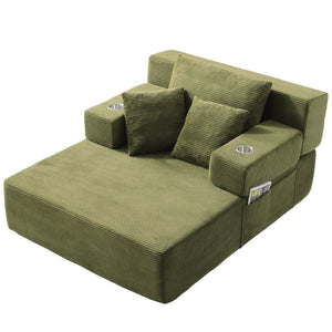 English Elm Luxurious Corduroy Convertible Chaise Lounge Sofa Bed with Storage Pocket for Small Spaces Green W5385P513917