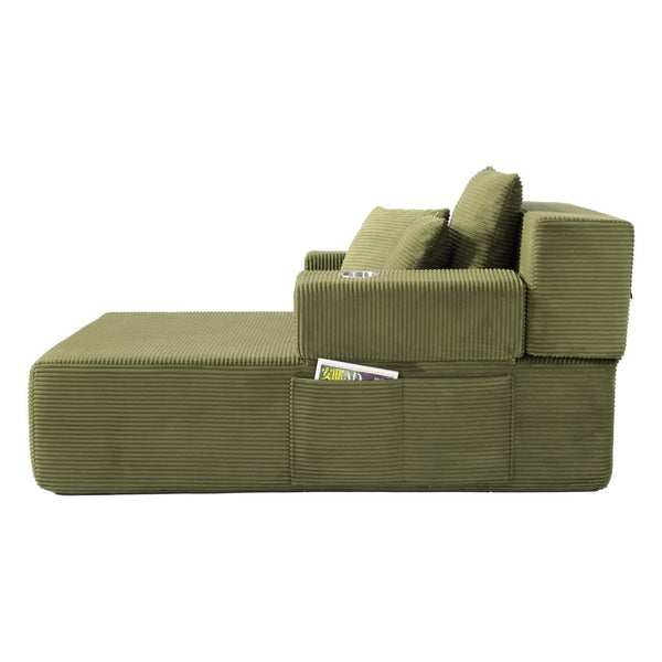 English Elm Luxurious Corduroy Convertible Chaise Lounge Sofa Bed with Storage Pocket for Small Spaces Green W5385P513917