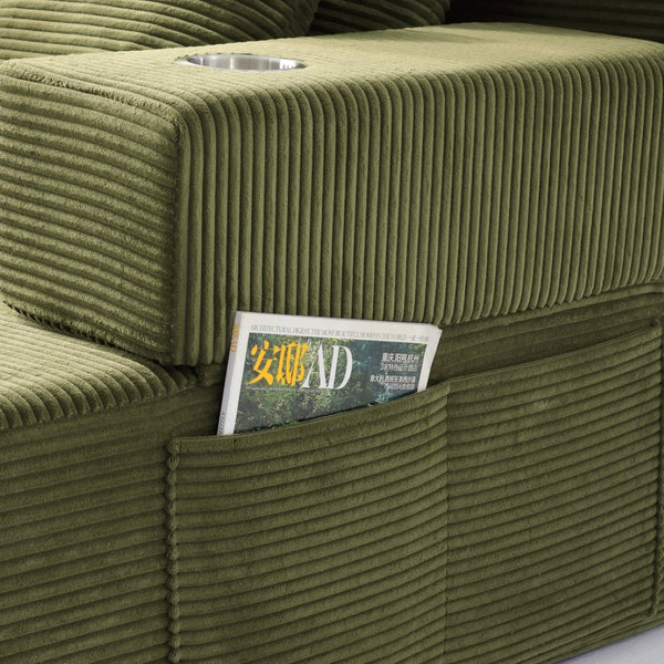 English Elm Luxurious Corduroy Convertible Chaise Lounge Sofa Bed with Storage Pocket for Small Spaces Green W5385P513917
