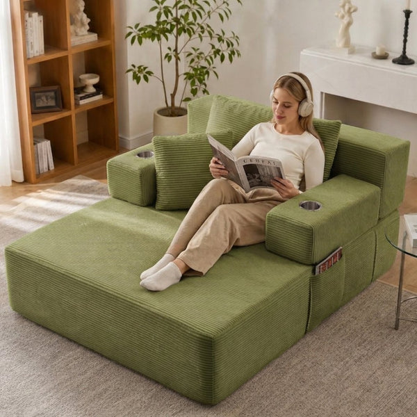 English Elm Luxurious Corduroy Convertible Chaise Lounge Sofa Bed with Storage Pocket for Small Spaces Green W5385P513917