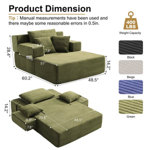 English Elm Luxurious Corduroy Convertible Chaise Lounge Sofa Bed with Storage Pocket for Small Spaces Green W5385P513917