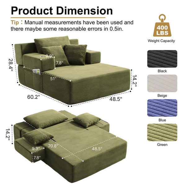 English Elm Luxurious Corduroy Convertible Chaise Lounge Sofa Bed with Storage Pocket for Small Spaces Green W5385P513917