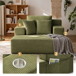 English Elm Luxurious Corduroy Convertible Chaise Lounge Sofa Bed with Storage Pocket for Small Spaces Green W5385P513917