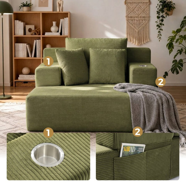 English Elm Luxurious Corduroy Convertible Chaise Lounge Sofa Bed with Storage Pocket for Small Spaces Green W5385P513917