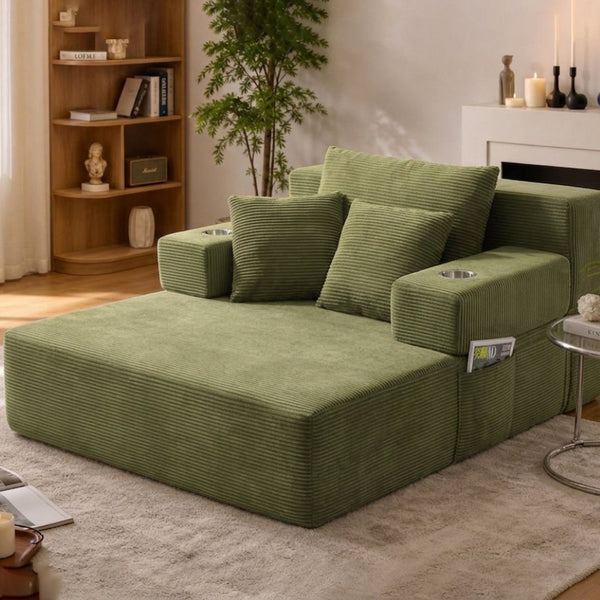 English Elm Luxurious Corduroy Convertible Chaise Lounge Sofa Bed with Storage Pocket for Small Spaces Green W5385P513917