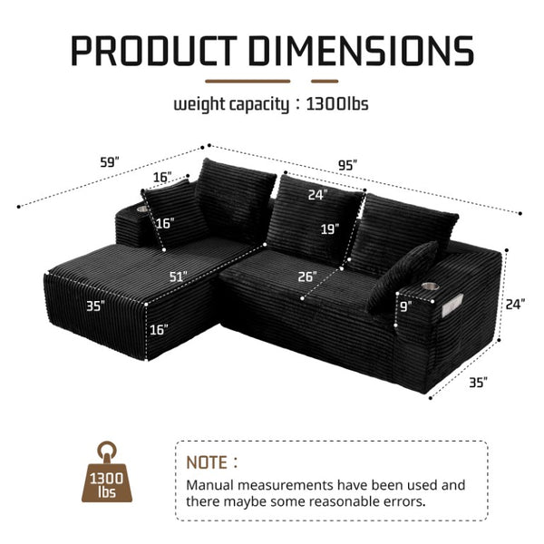 English Elm 95''Modular Corduroy L-Shaped Sectional Sofa with Chaise and Pocket Spring Cushions Black - A 95.27 inches W5385P541199