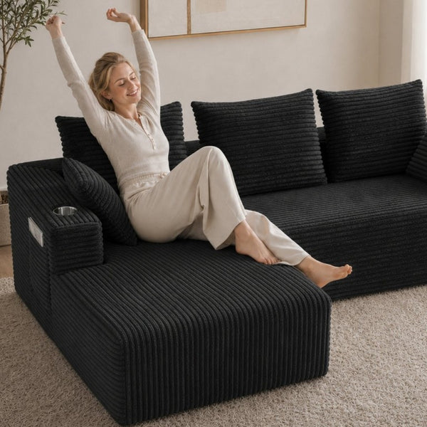 English Elm 95''Modular Corduroy L-Shaped Sectional Sofa with Chaise and Pocket Spring Cushions Black - A 95.27 inches W5385P541199