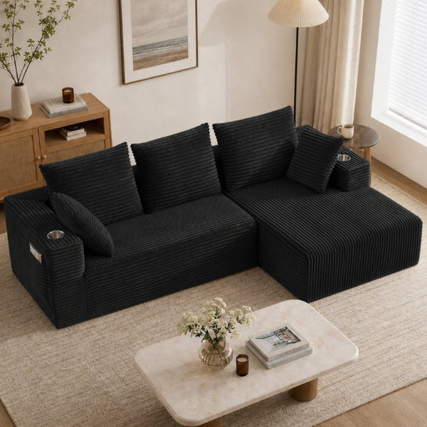 English Elm 95''Modular Corduroy L-Shaped Sectional Sofa with Chaise and Pocket Spring Cushions Black - B 95.27 inches W5385P541200