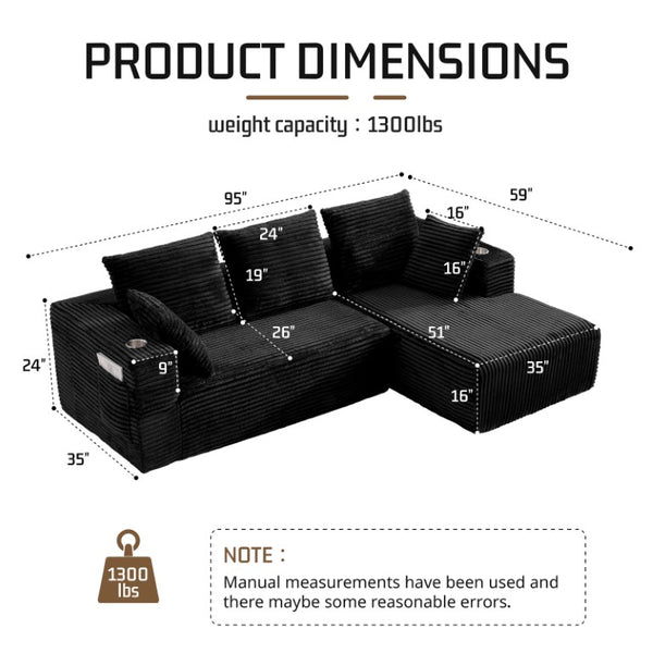 English Elm 95''Modular Corduroy L-Shaped Sectional Sofa with Chaise and Pocket Spring Cushions Black - B 95.27 inches W5385P541200