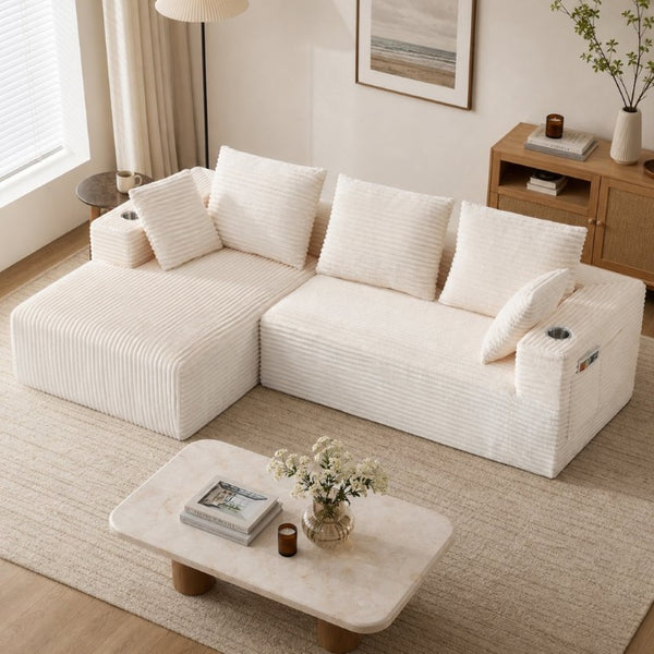 English Elm 95''Modular Corduroy L-Shaped Sectional Sofa with Chaise and Pocket Spring Cushions White - A 95.27 inches W5385P541202