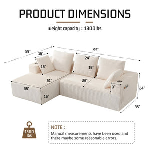 English Elm 95''Modular Corduroy L-Shaped Sectional Sofa with Chaise and Pocket Spring Cushions White - A 95.27 inches W5385P541202