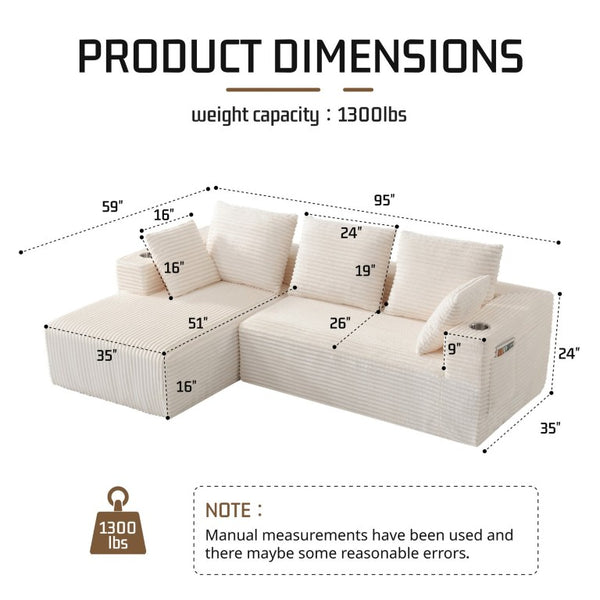 English Elm 95''Modular Corduroy L-Shaped Sectional Sofa with Chaise and Pocket Spring Cushions White - A 95.27 inches W5385P541202