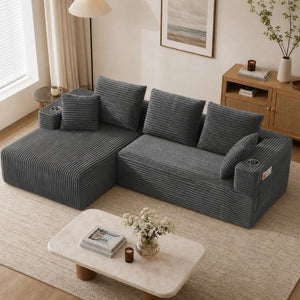 English Elm 95''Modular Corduroy L-Shaped Sectional Sofa with Chaise and Pocket Spring Cushions Gray 95.27 inches W5385P541210