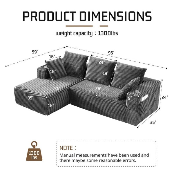 English Elm 95''Modular Corduroy L-Shaped Sectional Sofa with Chaise and Pocket Spring Cushions Gray 95.27 inches W5385P541210