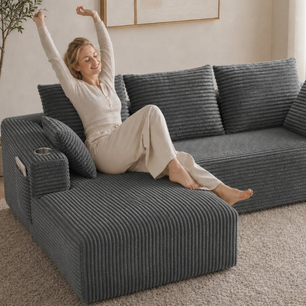 English Elm 95''Modular Corduroy L-Shaped Sectional Sofa with Chaise and Pocket Spring Cushions Gray 95.27 inches W5385P541210