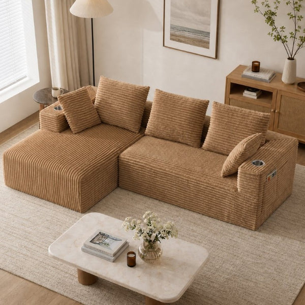 English Elm 95''Modular Corduroy L-Shaped Sectional Sofa with Chaise and Pocket Spring Cushions Brown 93.7 inches W5385P541213