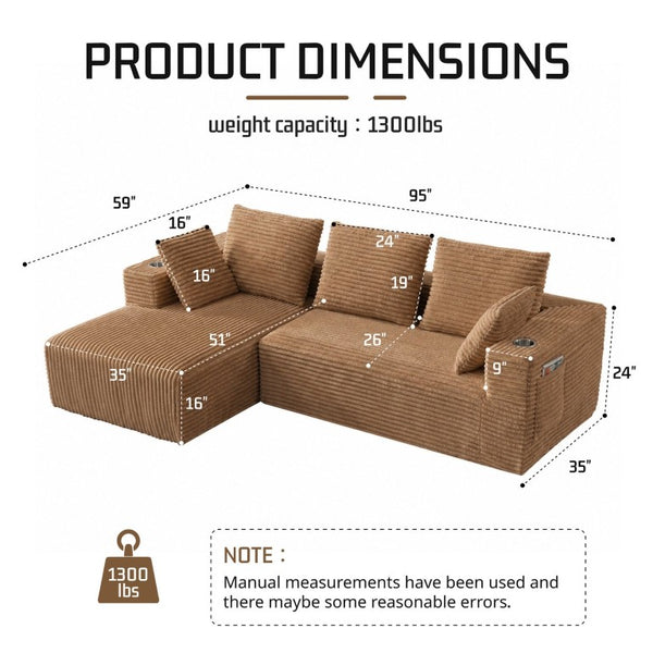 English Elm 95''Modular Corduroy L-Shaped Sectional Sofa with Chaise and Pocket Spring Cushions Brown 93.7 inches W5385P541213