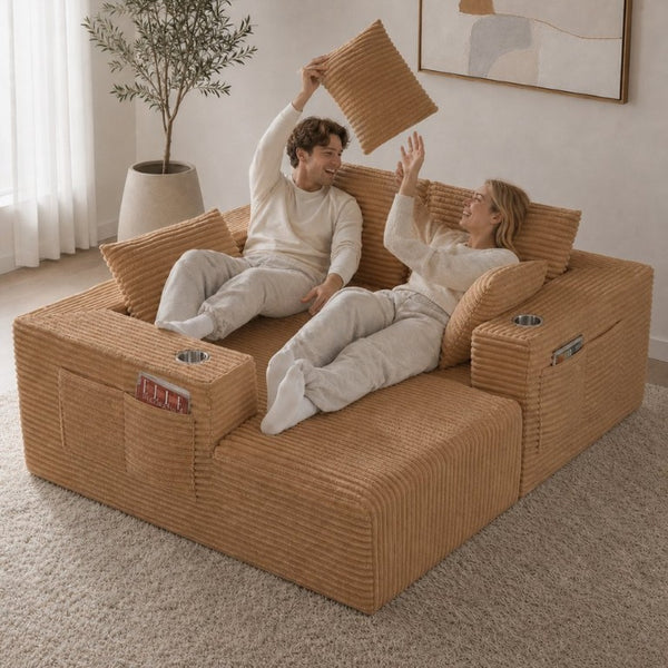 English Elm 95''Modular Corduroy L-Shaped Sectional Sofa with Chaise and Pocket Spring Cushions Brown 93.7 inches W5385P541213
