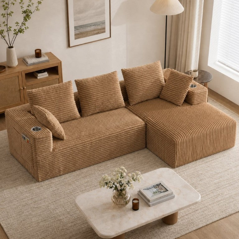 English Elm 95''Modular Corduroy L-Shaped Sectional Sofa with Chaise and Pocket Spring Cushions Brown 95.27 inches W5385P541214