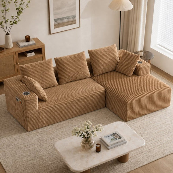 English Elm 95''Modular Corduroy L-Shaped Sectional Sofa with Chaise and Pocket Spring Cushions Brown 95.27 inches W5385P541214