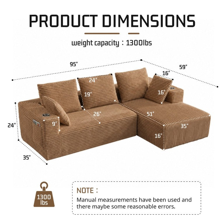 English Elm 95''Modular Corduroy L-Shaped Sectional Sofa with Chaise and Pocket Spring Cushions Brown 95.27 inches W5385P541214