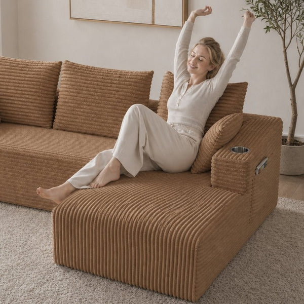 English Elm 95''Modular Corduroy L-Shaped Sectional Sofa with Chaise and Pocket Spring Cushions Brown 95.27 inches W5385P541214