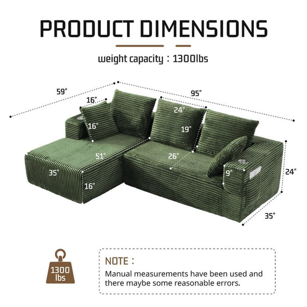 English Elm 95''Modular Corduroy L-Shaped Sectional Sofa with Chaise and Pocket Spring Cushions Green - A 95.27 inches W5385P541215