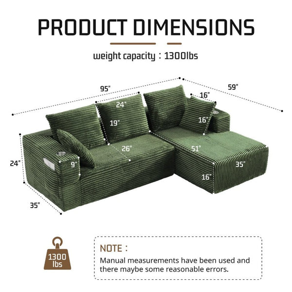 English Elm 95''Modular Corduroy L-Shaped Sectional Sofa with Chaise and Pocket Spring Cushions Green - B 95.27 inches W5385P541216