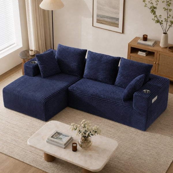 English Elm 95''Modular Corduroy L-Shaped Sectional Sofa with Chaise and Pocket Spring Cushions Blue 95.27 inches W5385P541218