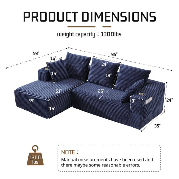 English Elm 95''Modular Corduroy L-Shaped Sectional Sofa with Chaise and Pocket Spring Cushions Blue 95.27 inches W5385P541218