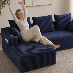 English Elm 95''Modular Corduroy L-Shaped Sectional Sofa with Chaise and Pocket Spring Cushions Blue 95.27 inches W5385P541218