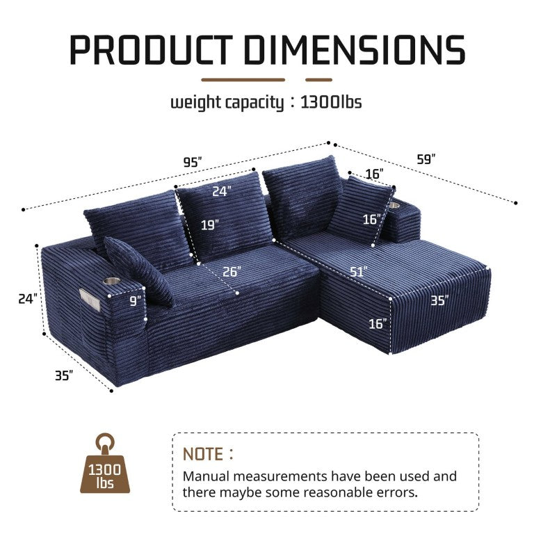 English Elm 95''Modular Corduroy L-Shaped Sectional Sofa Frameless Four Seat Lounge for Living Room W5385P541220