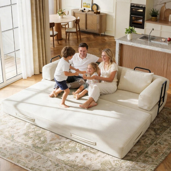 English Elm 78 Inch Corduroy Futon Sleeper Sofa Foldable Lounge Bed for Studio or Guest Room Beige W5385P596679