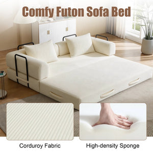 English Elm 78 Inch Corduroy Futon Sleeper Sofa Foldable Lounge Bed for Studio or Guest Room Beige W5385P596679