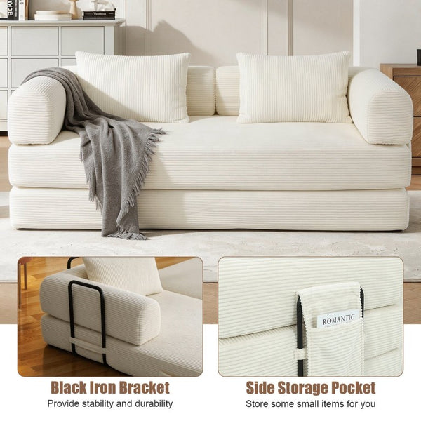 English Elm 78 Inch Corduroy Futon Sleeper Sofa Foldable Lounge Bed for Studio or Guest Room Beige W5385P596679