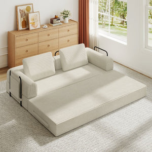 English Elm 78 Inch Corduroy Futon Sleeper Sofa Foldable Lounge Bed for Studio or Guest Room Beige W5385P596679