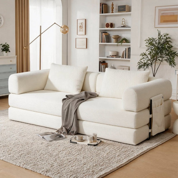 English Elm 78 Inch Corduroy Futon Sleeper Sofa Foldable Lounge Bed for Studio or Guest Room Beige W5385P596679
