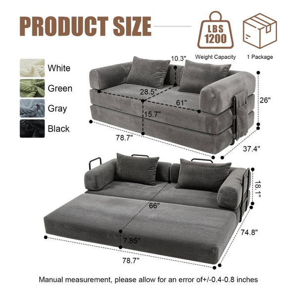 English Elm 78 Inch Corduroy Futon Sleeper Sofa Foldable Lounge Bed for Studio or Guest Room Dark Gray W5385P596681