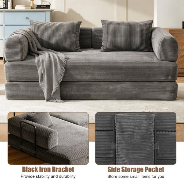English Elm 78 Inch Corduroy Futon Sleeper Sofa Foldable Lounge Bed for Studio or Guest Room Dark Gray W5385P596681