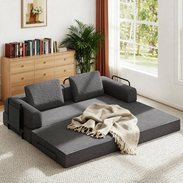 English Elm 78 Inch Corduroy Futon Sleeper Sofa Foldable Lounge Bed for Studio or Guest Room Dark Gray W5385P596681