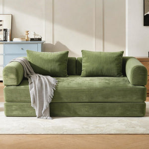 English Elm 78 Inch Corduroy Futon Sleeper Sofa Foldable Lounge Bed for Studio or Guest Room Green W5385P596687