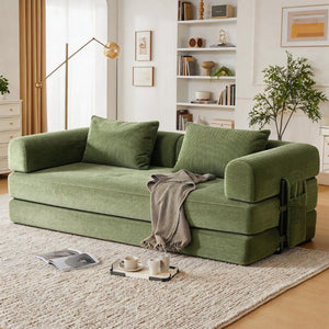 English Elm 78 Inch Corduroy Futon Sleeper Sofa Foldable Lounge Bed for Studio or Guest Room Green W5385P596687
