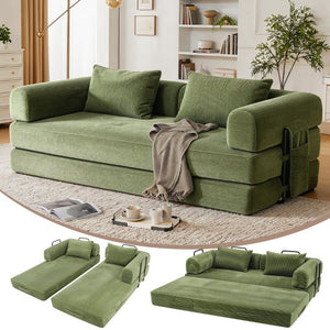 English Elm 78 Inch Corduroy Futon Sleeper Sofa Foldable Lounge Bed for Studio or Guest Room Green W5385P596687