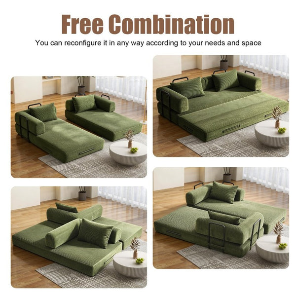 English Elm 78 Inch Corduroy Futon Sleeper Sofa Foldable Lounge Bed for Studio or Guest Room Green W5385P596687