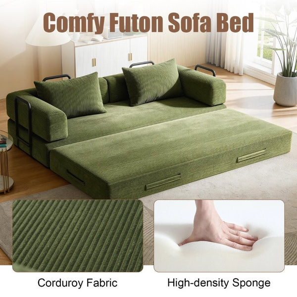 English Elm 78 Inch Corduroy Futon Sleeper Sofa Foldable Lounge Bed for Studio or Guest Room Green W5385P596687