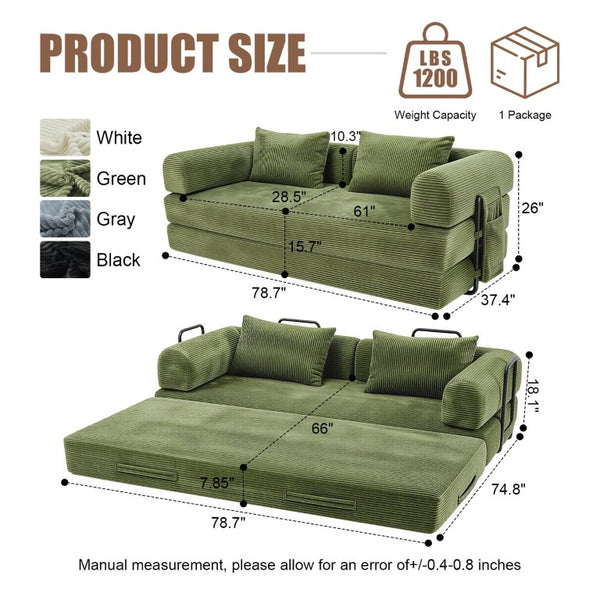 English Elm 78 Inch Corduroy Futon Sleeper Sofa Foldable Lounge Bed for Studio or Guest Room Green W5385P596687