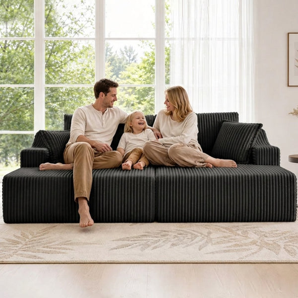 English Elm 83'' Frameless Double Chaise Sofa Bed High Density Foam Deep Seat with Six Pillows Black W5385S00011