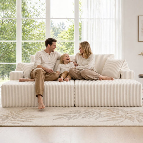 English Elm 83'' Frameless Double Chaise Sofa Bed High Density Foam Deep Seat with Six Pillows White W5385S00012