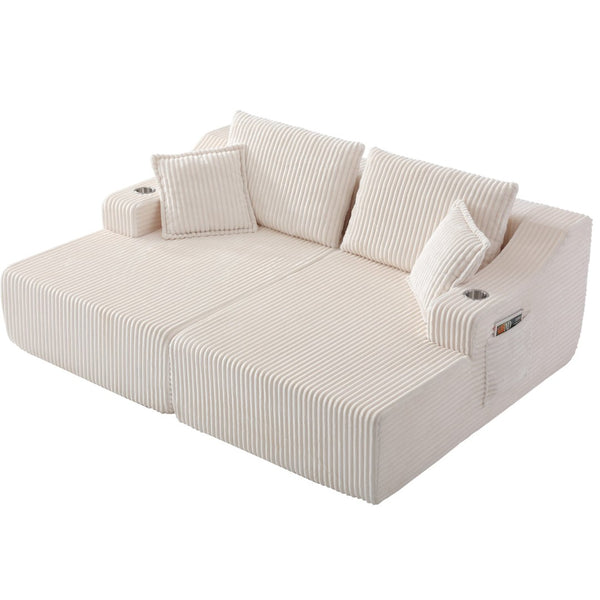 English Elm 83'' Frameless Double Chaise Sofa Bed High Density Foam Deep Seat with Six Pillows White W5385S00012